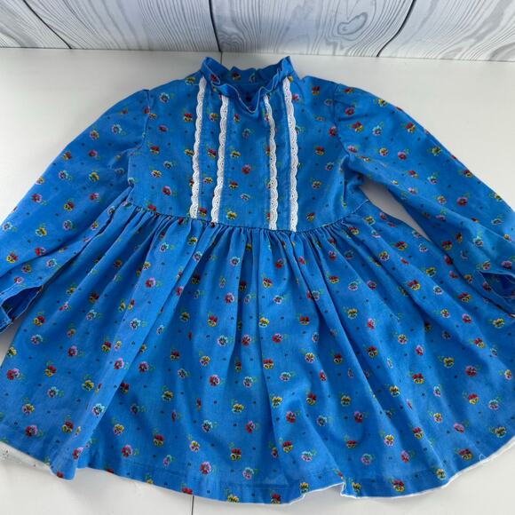 Vintage 80s No Brand Handmade 2T Toddler Girl Blue Dress Lace Church Prairie - Picture 1 of 6